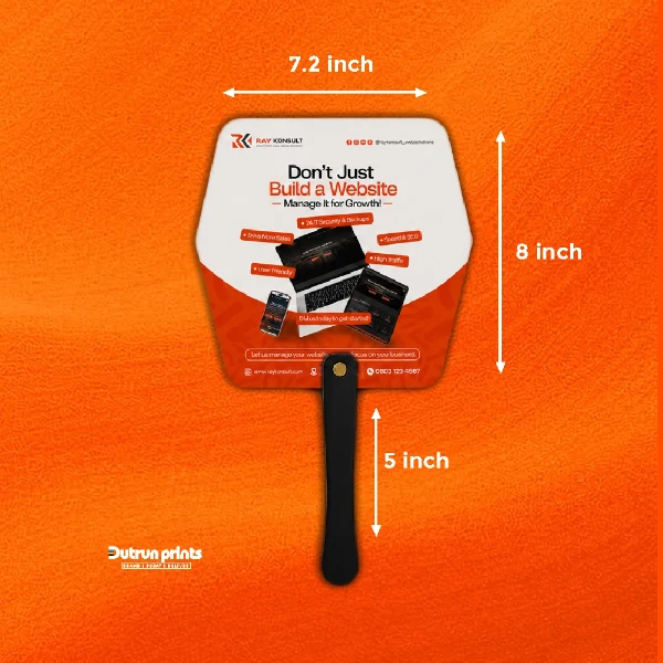 Hexagon Fan dimension guide showing 7.2 inch width, 8 inch height, and 5 inch handle